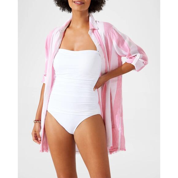 Tommy Bahama Rugby Beach Stripe Boyfriend Shirt Coral Coast Swim Coverup Large - Picture 9 of 9